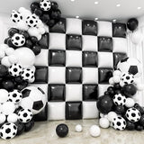 36pcs Black and White Square Foil Balloons Wall Backdrop with 114pcs Soccer Balloon Garland Arch Kit, Double Sided Balloons for World Soccer Boys Sports Theme Baby Shower Party Decorations Set