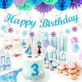 Winter-Wonderland Christmas-Snowflake Frozen Birthday Party-Decorations - 21Pcs Happy Banner,Blue Purple Teal Paper Lanterns Honeycomb Streamers,Tissue Pom Poms Flower Fan,Hanging Decor