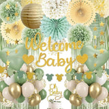 Sage Green Baby Shower Decorations - Gender Neutral Baby Shower Decor Set With Welcome Baby Banner, Tissue Pom Poms, Paper Lanterns, Flower Fans, Balloons, "Oh Baby" Cake Topper & Star Garland