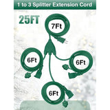 Extension Cord Outdoor With Multiple Outlets - Christmas Waterproof 1 To 3 Power Splitter, Ul Certified, 15A/1500W/16Awg/3C Power Cables Plugs For Decoration Lights, Max 13Ft (Combined 25Ft), Green