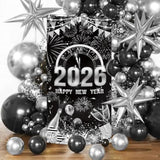 2026 Happy New Year Door Cover Black Silver Party Decor with Balloon and Fireworks