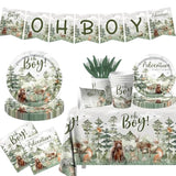 Let The Adventure Begin Baby Shower Tableware,Woodland Baby Shower Plates And Napkins Decorations Cups Banner Tablecloth For Adventure Awaits Baby Shower Boy Mountain Party Decorations