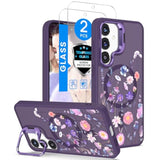 Floral Magnetic Phone Case for Samsung Galaxy S24/S25 with Built-in Lens Stand and 2X Screen Protector