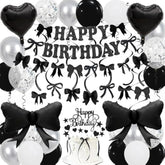 Black Bow Birthday Decorations, Happy Birthday Banner Garland And Hanging Swirls, 28Pcs Balloons, Cake Toppers, Bow Themed Party Decorations For Girls Women