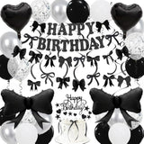 Black Bow Birthday Decorations, Happy Birthday Banner Garland And Hanging Swirls, 28Pcs Balloons, Cake Toppers, Bow Themed Party Decorations For Girls Women