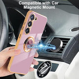For Samsung Galaxy S23 Case With 1 Screen Protector, Built-In 360° Rotation Ring Holder Magnetic Stand, Luxury Shiny Plating Edge Shockproof Electroplated Protective Phone Cover (Purple/Golden)
