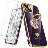 iPhone 15 Case with 2 Screen Protectors, 360° Ring Holder, Purple Gold Edge