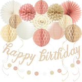 Boho Pink Happy Birthday Decorations, Pre-Strung Happy Birthday Banner With Honeycomb Balls, Paper Flowers, Lanterns, Fans, Hanging Swirls, Circle Dots Garland For Birthdays Party Decorations 24Pcs