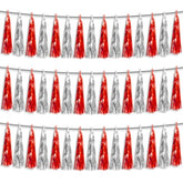 3P Red Silver Foil Fringe Metallic Tassel Streamers Banner Tassel Garland For Parade Floats, Bachelorette, Wedding, Birthday, Halloween, Christmas, Bridal/Baby Shower Party Decorations