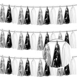 3P Black Silver White Metallic Fringe Tassel Banner Garland Foil Tinsel Streamer Wall Hanging Curtain Backdrop Banner For Parade Floats, Graduation Decorations, Halloween, Christmas Decorations