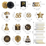14PCS 55th Birthday Hanging Swirls, Black & Gold Streamers with Banner  Pompoms