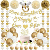 Champagne Gold Engagement Party Decorations, Just Engaged Supplies For Couple Includes 12" Gold & White Latex Balloons, Diamond Ring Foil Balloon, Cake Toppers, Paper Pompom