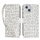 Premium PU Leather Wallet Case with Card Holder and Wrist Strap for iPhone 13/14, 6.1 Inch, White Leopard