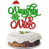 1 Pc Naughty or Nice Christmas Cake Topper with Red Green Glitter for Party Decor