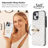 For Iphone 13/ Iphone 14 Wallet Case With Card Holder, 360°Rotation Ring Kickstand, White Leopard Cheetah Pattern, Rfid Blocking Leather For Girls Women, Double Buttons Flip 6.1"