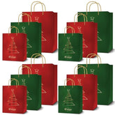 12 Christmas Gift Bags, Red & Green Metallic & Texture Finish With Golden & Spot Gloss Xmas Tree, Assorted Sizes With Handle (4 Extra Large 16", 4 Large 12", 4 Medium 9")