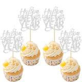 24pc Glitter Happy New Year 2026 Cupcake Toppers Silver Cake Picks