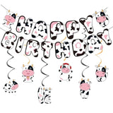 Cow Birthday Decorations, Cute Animal Themed Happy Birthday Banner, Boy Girl Funny Party Supplies With Banner And Hanging Swirl