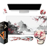 Japanese Desk Mat Set, Large Gaming Mouse Pad With Wrist Rest, Ergonomic Mouse Pad Keyboard Mat Wrist Support,Phone Holder,Cup Coaster,Home Office Desk Accessories Decor Supplies, Cherry Blossom