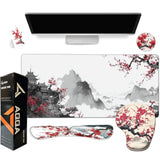 Japanese Desk Mat Set, Large Gaming Mouse Pad With Wrist Rest, Ergonomic Mouse Pad Keyboard Mat Wrist Support,Phone Holder,Cup Coaster,Home Office Desk Accessories Decor Supplies, Cherry Blossom