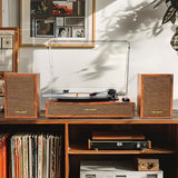 Vinyl Record Player with External Speakers, 3-Speed Bluetooth Input Turntable, PC Recording, Stereo Speakers, RCA Out, AUX in, Auto Stop, Gold Trim,