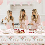 3 Pcs Girl Baby Shower Tablecloth 108X54 Inch Pink Floral Baby Shower Party Tablecovers Disposable A Sweet Little Girl Is On Her Way Table Cloth Plastic