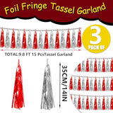 3P Metallic Fringe Tassel Banner Garland Foil Tinsel Streamer Wall Hanging Curtain Backdrop Banner For Parade Floats,Halloween Decorations, Christmas Day, Wedding Party Decoration(Red Silver)