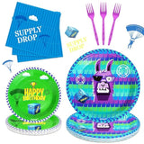 64Pcs Video Games Llama Party Tableware Supplies Including 32 Pcs Plates, 16 Pcs Forks And 16 Pcs Napkins, Video Games Theme Party Birthday Decorations