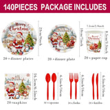 140 Pcs Christmas Party Supplies with Santa, Tree Plates, Napkins, and Tableware