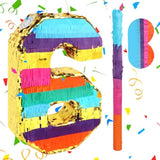 Rainbow Number 6 Piñata Set: 6th Birthday Party Game with Blindfold & Bat