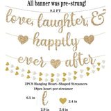 Gold Glitter "Love & Laughter" Banner with Heart Garland for Bridal Shower or Bachelorette