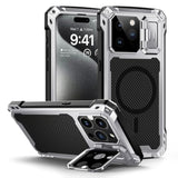 Heavy Duty Metal Case for iPhone 15 Pro Max with Built-in Camera Kickstand and Glass Screen Protector, Silver