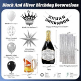 Black and silver birthday set with balloons, banner, and fringe curtains for men