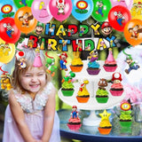 Mario Birthday Party Supplies, Party Decorations Set Include Banner, Backdrop, Balloons, Hanging Swirls, Cake Cupcake Toppers, Tablecloth For Boys Girls Mario Theme Party