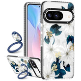 Boaretiu Cute Kawaii Case For Google Pixel 9/9Pro Phone Case With Kickstand Fashion 360° Sticky Rotate Ring Holder Design For Women Girls Girly For Google Pixel 9/9Pro Case, Blue Flower