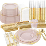 350Pcs Pink Plastic Plates - Pink Dinnerware Sets For 50 Guests - 100 Disposable Plates, 150 Gold Plastic Silverware, 50 Cups, 50 Napkins For Wedding & Party