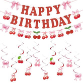 43 Pcs Cherry Party Decorations, Happy Birthday Banner With Cute Cherries Hanging Swirls, Summer Fruit Theme Cherry Party Decorations For Wedding Birthday Bridal Shower Baby Shower