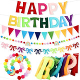 3D Happy Birthday Banner Party Decorations Reusable Sign With Pompom Garland, Bunting Flags And Bow Garland
