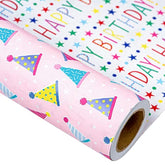Reversible Birthday Wrapping Paper, 17"x32.8", Pink Hats & Lettering for Girls