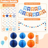 Pre-Strung Happy Birthday Banner — Orange & Blue with Honeycomb Balls, Stars, & Streamers