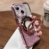 Magnetic Bling Case for iPhone 15 with Holder Stand, Compatible with Magsafe, Rhinestone Camera Lens Protector for Women, Girly Cute Phone Cover for iPhone 15 6.1" (Pink)