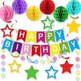 Birthday Banner Decorations With Honeycomb Balls, Stars, Circle Dots Garland Swirl Streamer Happy Birthday Party Decorations Supplies For Party(Multicolour)