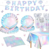 Summer Mermaid Party Supplies For Girls Baby Shower Birthday Party Under The Sea Themed Decor Iridescent Shell Plates Napkins Cups Knives Forks Tablecloths Banners Serves 20 Guests 122Pcs