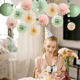 Sage Green And Blush Pink Party Decorations Paper Lanterns Sage Green Cream Paper Fans Light Pink Tissue Paper Pom Poms For Sage Green And Dusty Pink Birthday Baby Shower Bridal Shower Wedding