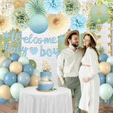 Dusty Blue Sage Green Baby Shower Decorations -Welcome Baby Boy Banner, Retro Sea-Blue Green Balloons, 'Oh Baby' Cake Topper, Pom Poms Flowers Paper Fan For Birthday Jungle Boho Blue-Party Décor