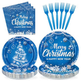 96 Pcs Blue Christmas Party Supplies Happy New Year Paper Plates And Napkins Xmas Tree Tableware Set For Winter Holiday Birthday New Year'S Christmas Parties Decorations, Serves 24