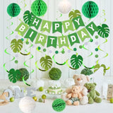 Green Birthday Decorations - Happy Banner With Honeycomb Balls, Palm Leaves Hanging Swirl Streamers, Circle Dot Garland - Party Decoration For Boy Girl