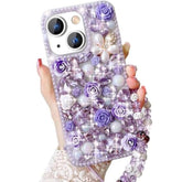 For Iphone 15 Glitter Bling Case,Cute Luxury 3D Crystal Rhinestone Diamond Sparkle Shiny Gems Flower Pearl With Lanyard Wrist Strap Women Girls Protective Case For Iphone 15 6.1 Inch (Purple)