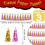 3P Gold Pink Metallic Fringe Tassel Banner Garland Foil Tinsel Streamer Wall Hanging Curtain Backdrop For Parade Floats, Graduation, Wedding, Bachelorette, Birthday, Retirement Party Decorations