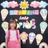 Spring Bulletin Board Decorations For Classroom - 22Pcs Soaring Into Spring Hot Air Balloon Cutouts With Dot Glue For Spring Home School Wall Door Decorations